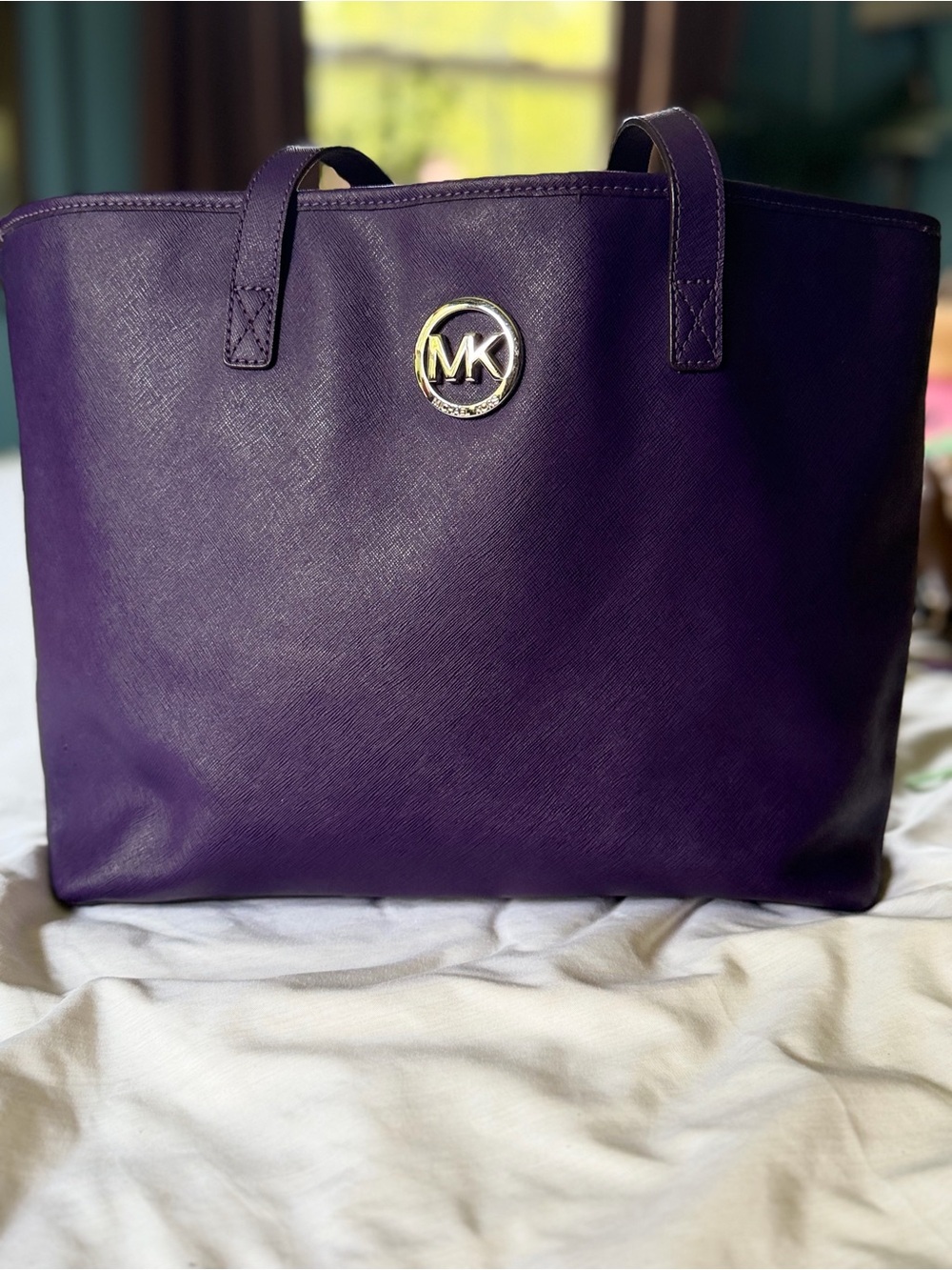 Large Michael Kors Deep Purple Saffiano Tote with MK Medallion